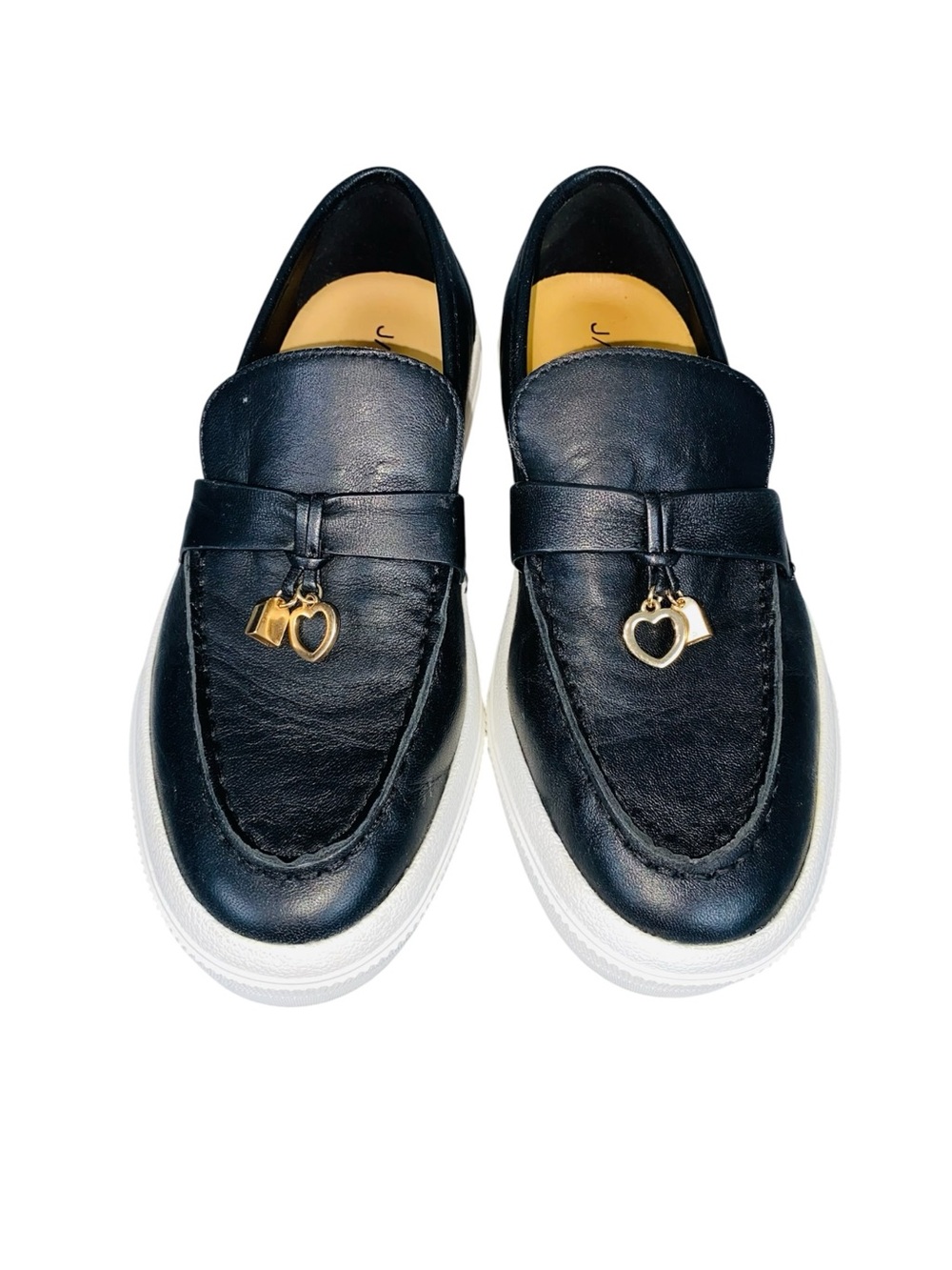 J/SLIDES Black Leather Platform Slip On Loafers Gold Tone Charms Size 8.5